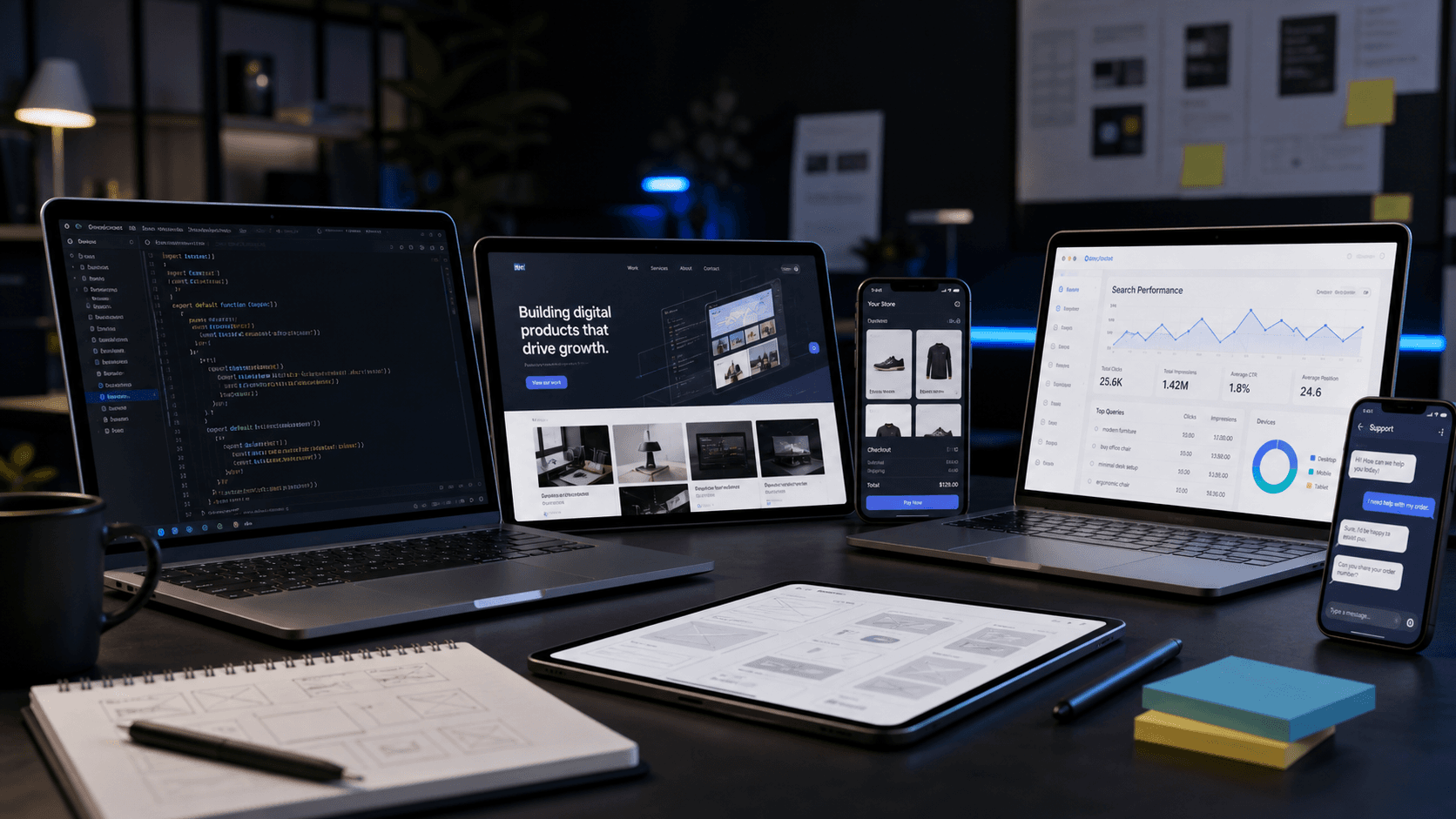 CodeClinch web development, ecommerce, mobile app, SEO, and support service workspace