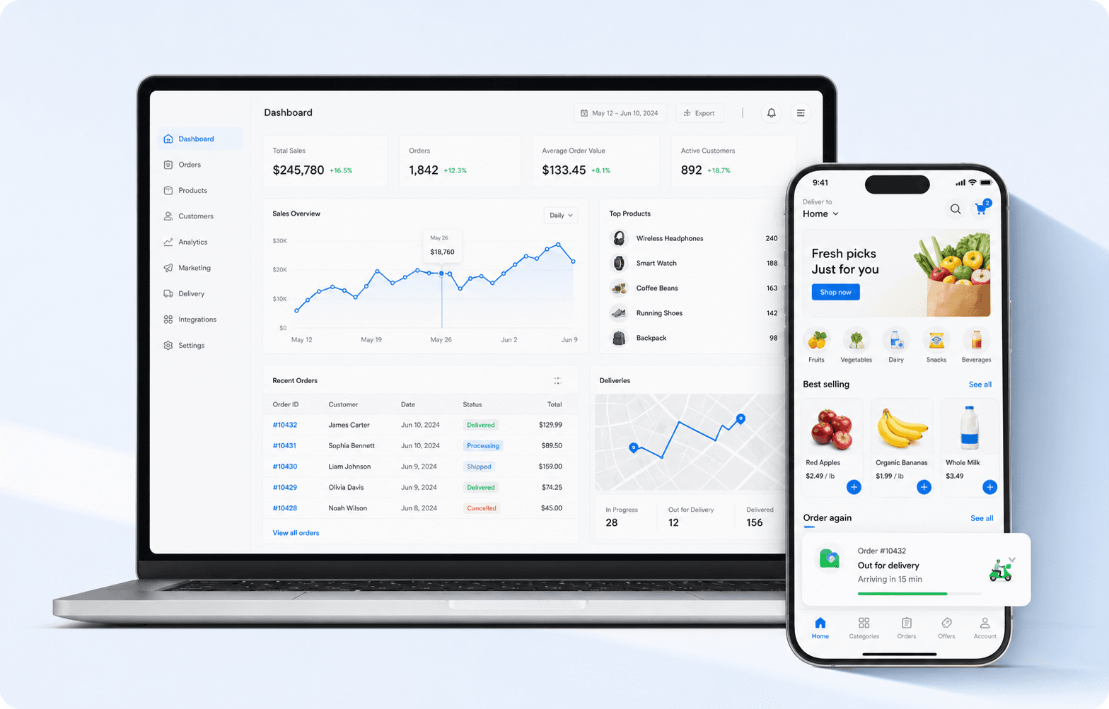 Ecommerce dashboard and delivery app preview